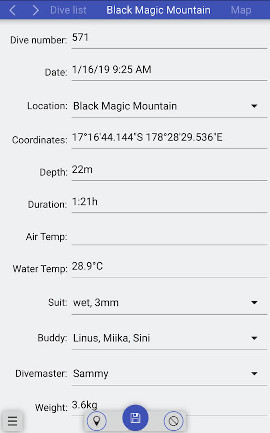 FIGURE: Dive edit screen